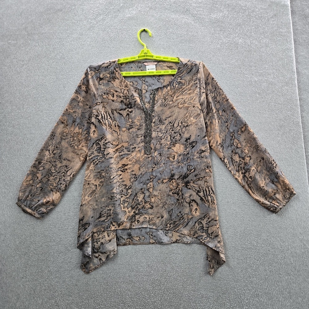 Juicy Couture Women Blouse XL Brown Geometric Beaded V-Neck Pullover Rhinestones